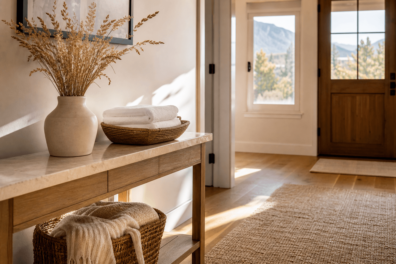 Bright, freshly reset home entryway with folded towels